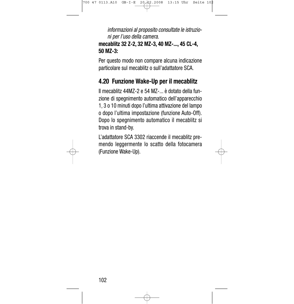 20 funzione wake-up per il mecablitz | Sony Metz SCA 3302 M7 User Manual | Page 102 / 160