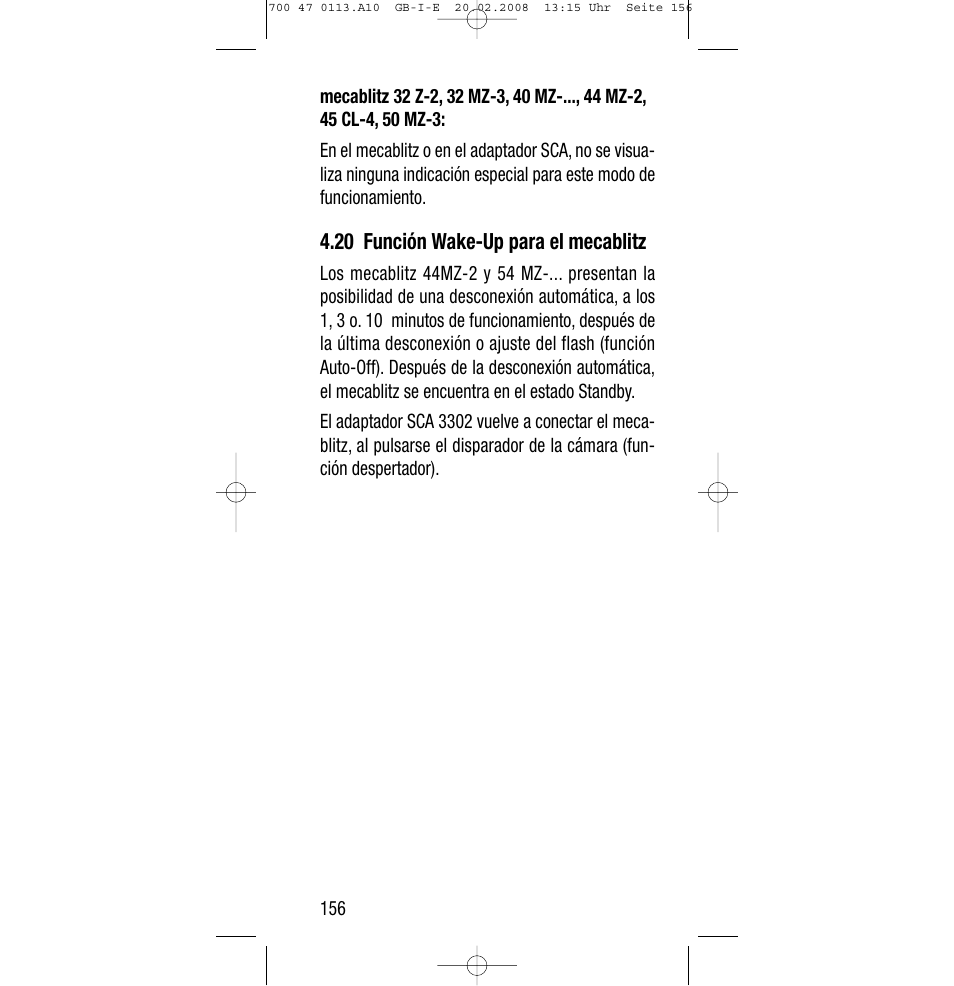 20 función wake-up para el mecablitz | Sony Metz SCA 3302 M7 User Manual | Page 156 / 160