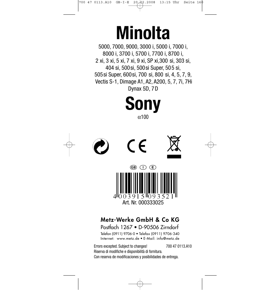 Minolta, Sony, Ķ ƴ į | Sony Metz SCA 3302 M7 User Manual | Page 160 / 160