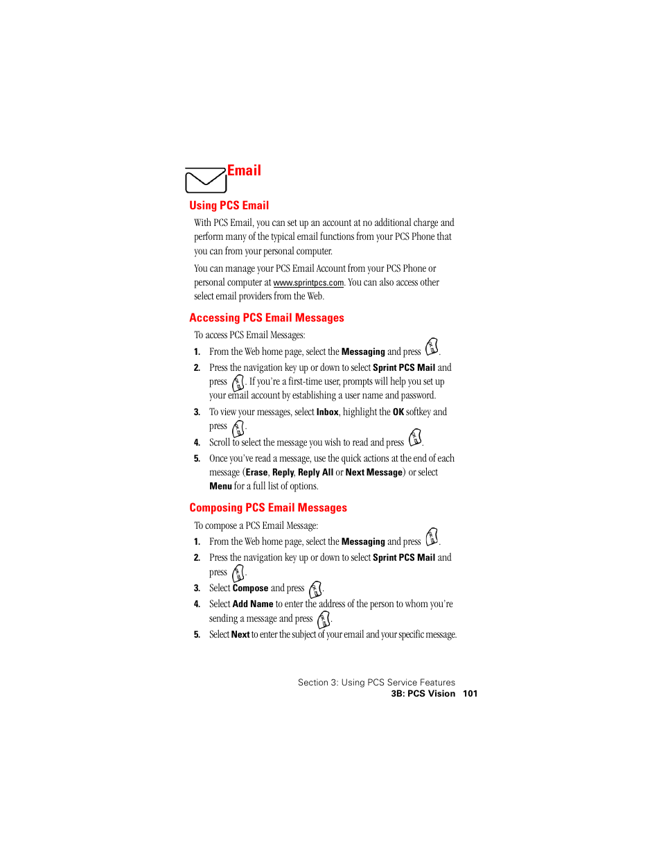 Email, Using pcs email, Accessing pcs email messages | Composing pcs email messages | Samsung SPH-A500 User Manual | Page 102 / 136