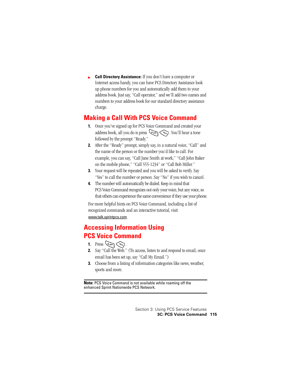 Making a call with pcs voice command, Accessing information using pcs voice command | Samsung SPH-A500 User Manual | Page 116 / 136