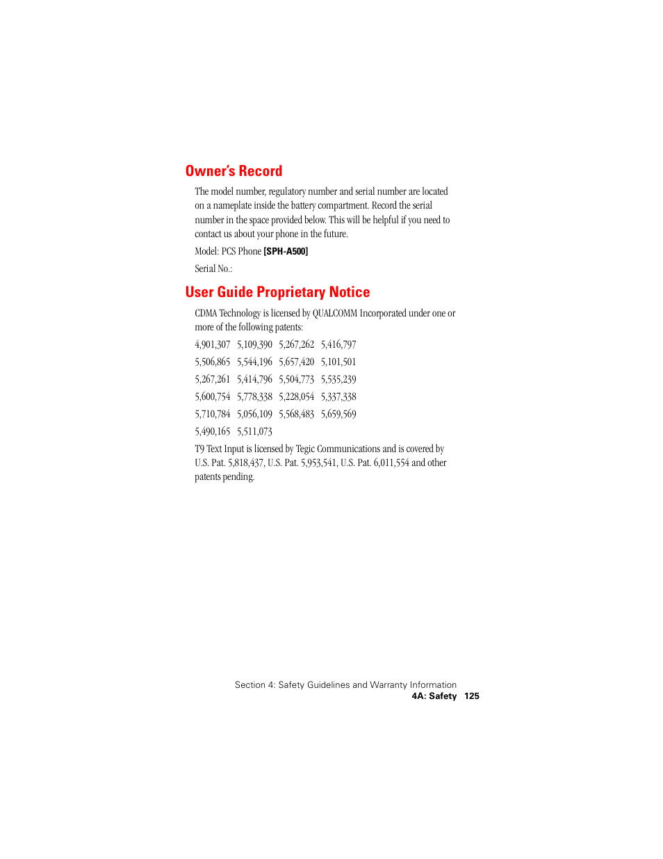 Owner’s record, User guide proprietary notice | Samsung SPH-A500 User Manual | Page 126 / 136