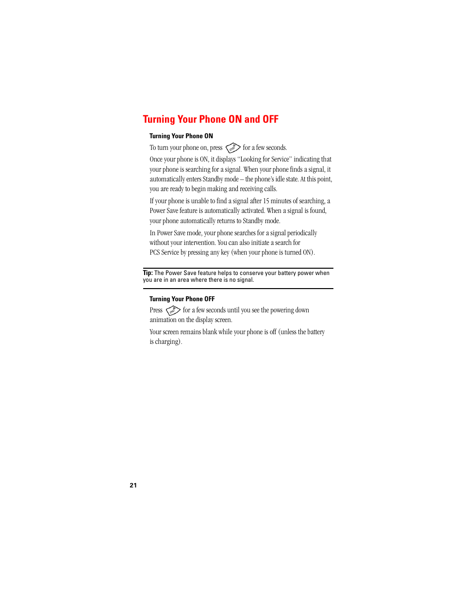 Turning your phone on and off | Samsung SPH-A500 User Manual | Page 22 / 136