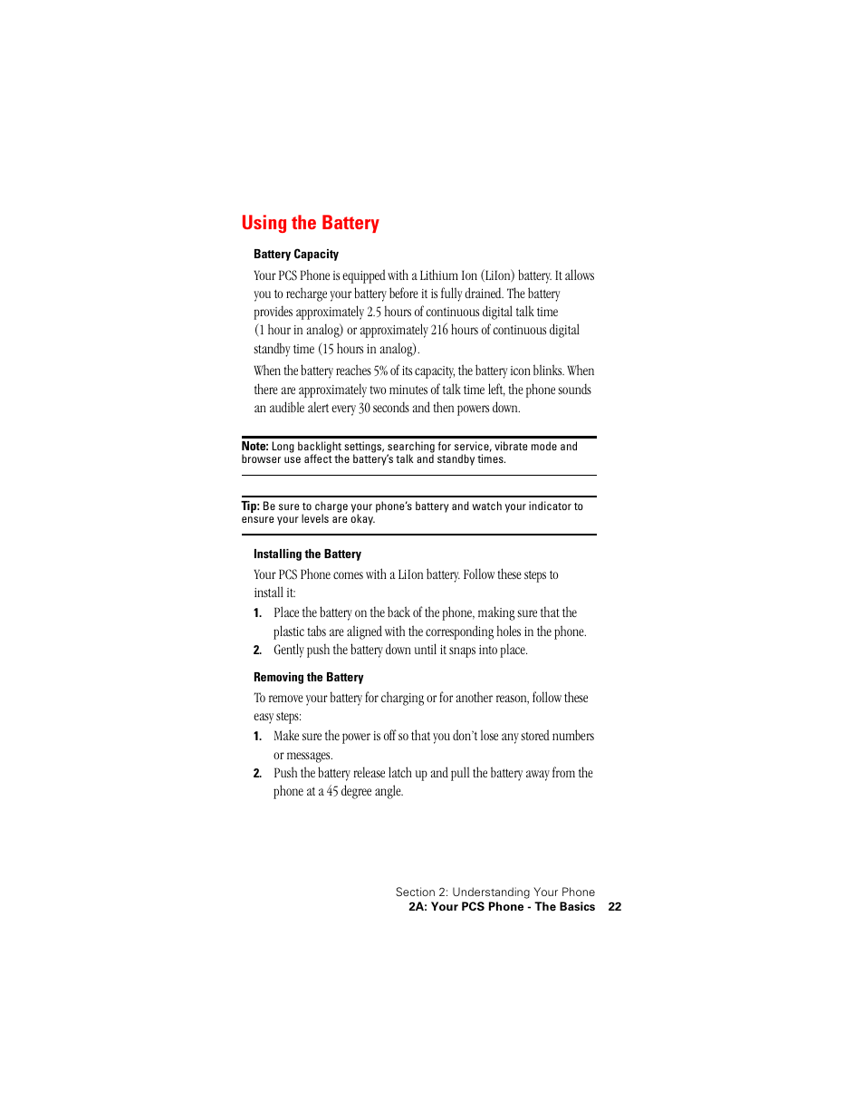 Using the battery | Samsung SPH-A500 User Manual | Page 23 / 136