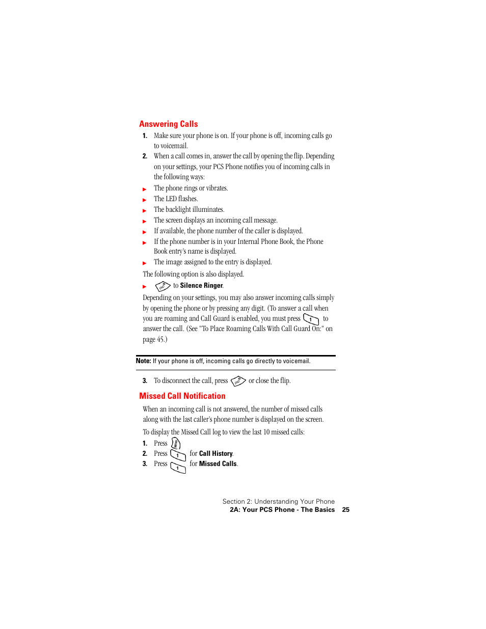 Answering calls, Missed call notification | Samsung SPH-A500 User Manual | Page 26 / 136