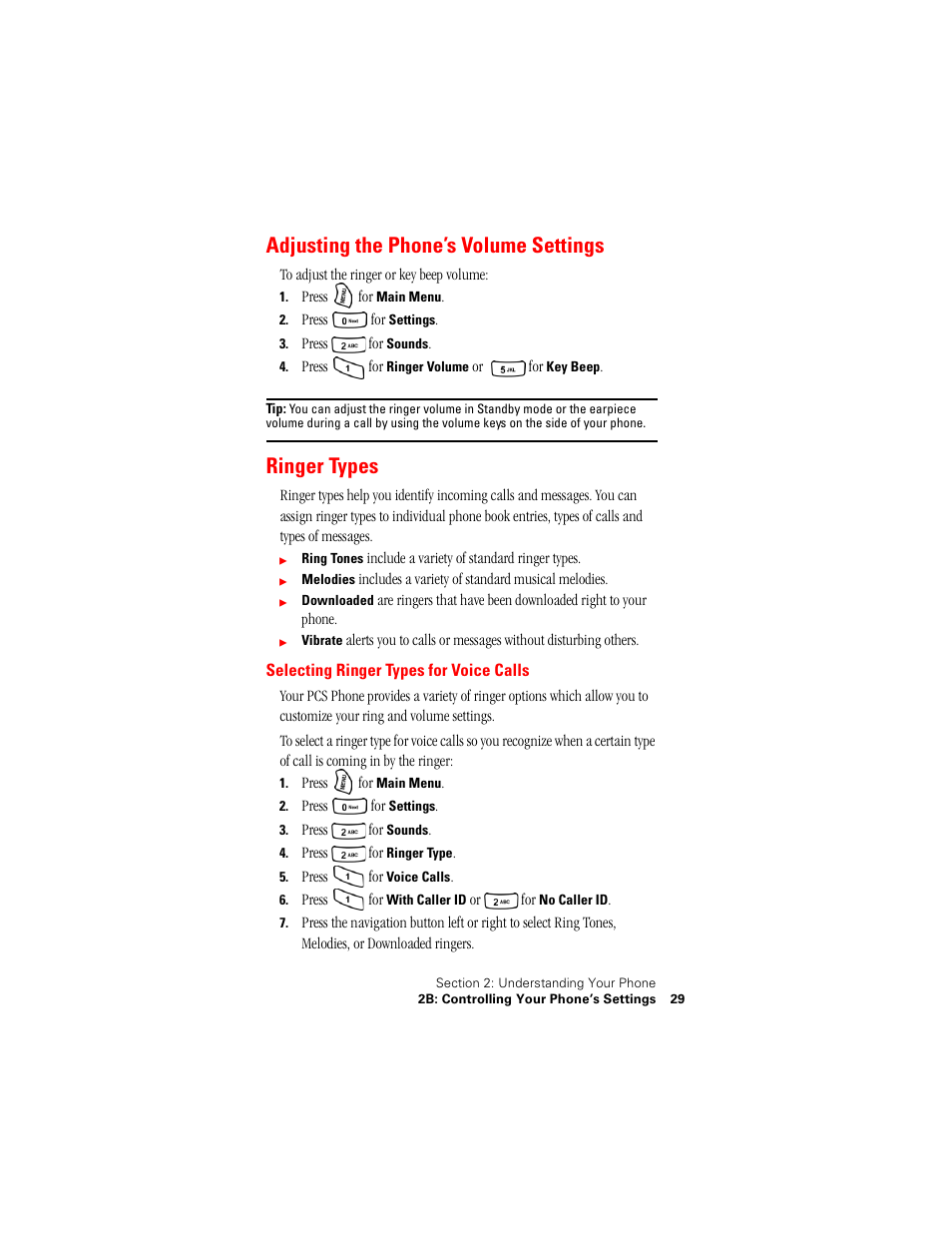 Adjusting the phone’s volume settings, Ringer types, Selecting ringer types for voice calls | Samsung SPH-A500 User Manual | Page 30 / 136