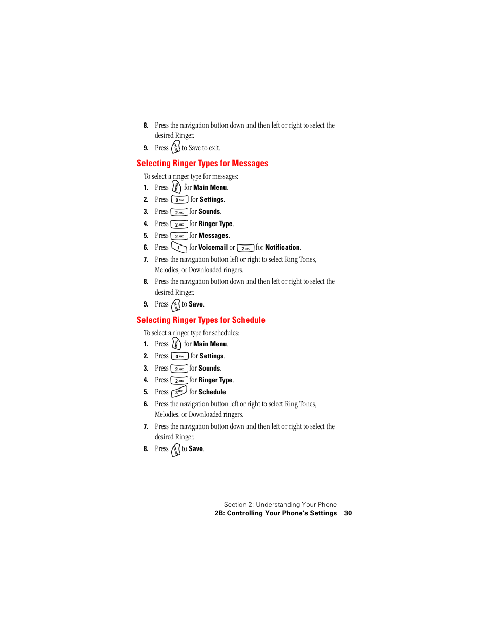 Selecting ringer types for messages, Selecting ringer types for schedule | Samsung SPH-A500 User Manual | Page 31 / 136