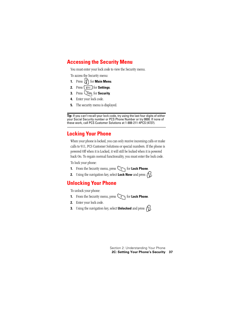 Accessing the security menu, Locking your phone, Unlocking your phone | Samsung SPH-A500 User Manual | Page 38 / 136