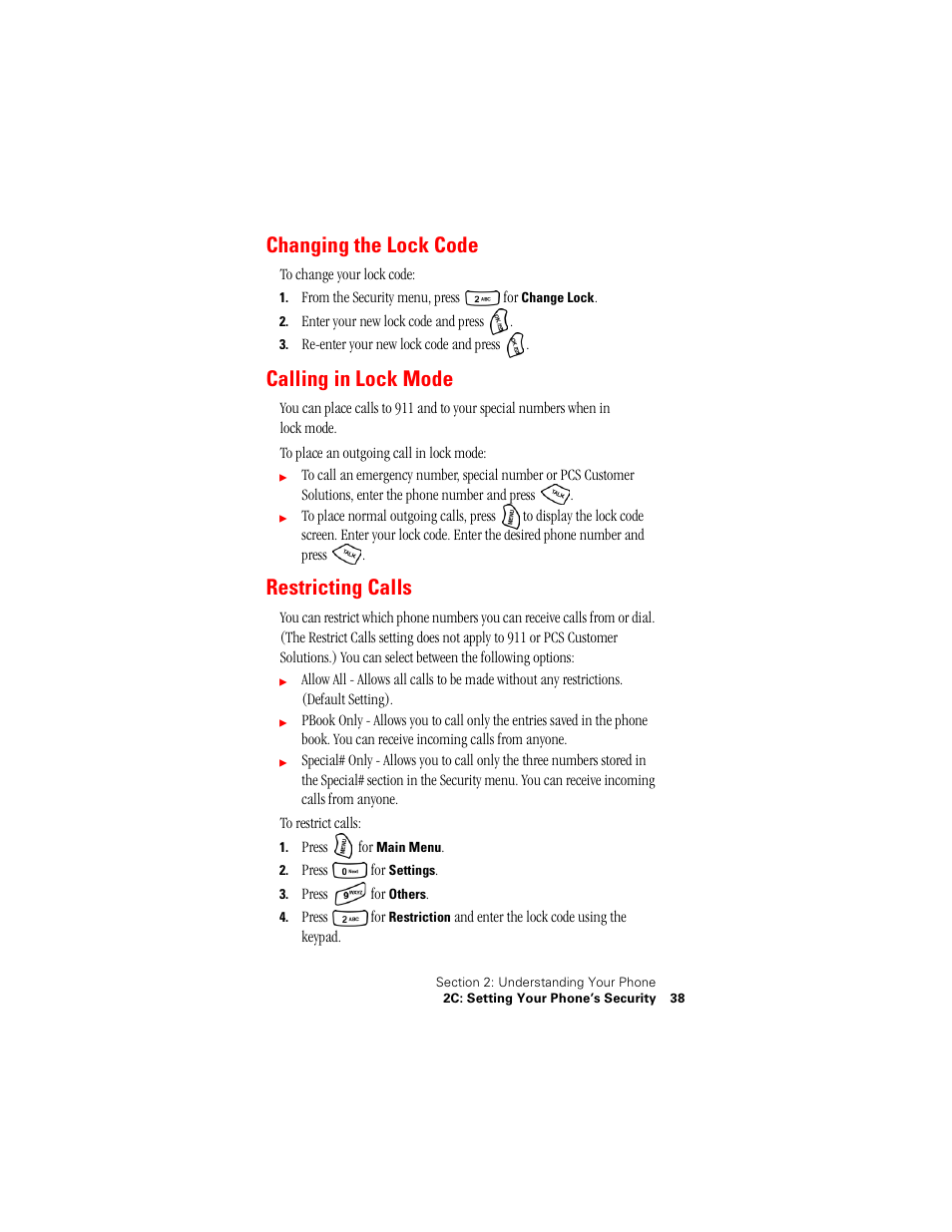 Changing the lock code, Calling in lock mode, Restricting calls | Samsung SPH-A500 User Manual | Page 39 / 136