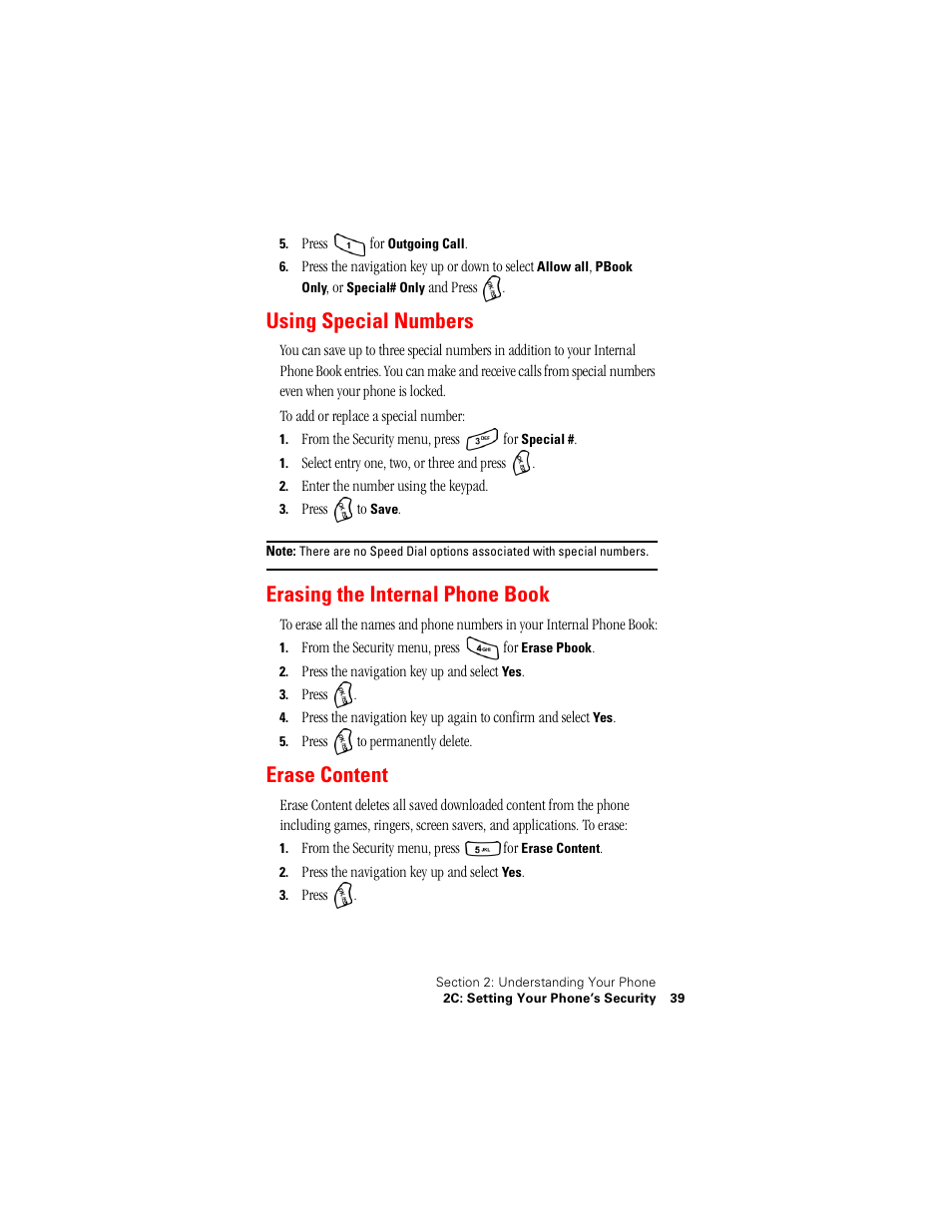 Using special numbers, Erasing the internal phone book, Erase content | Samsung SPH-A500 User Manual | Page 40 / 136