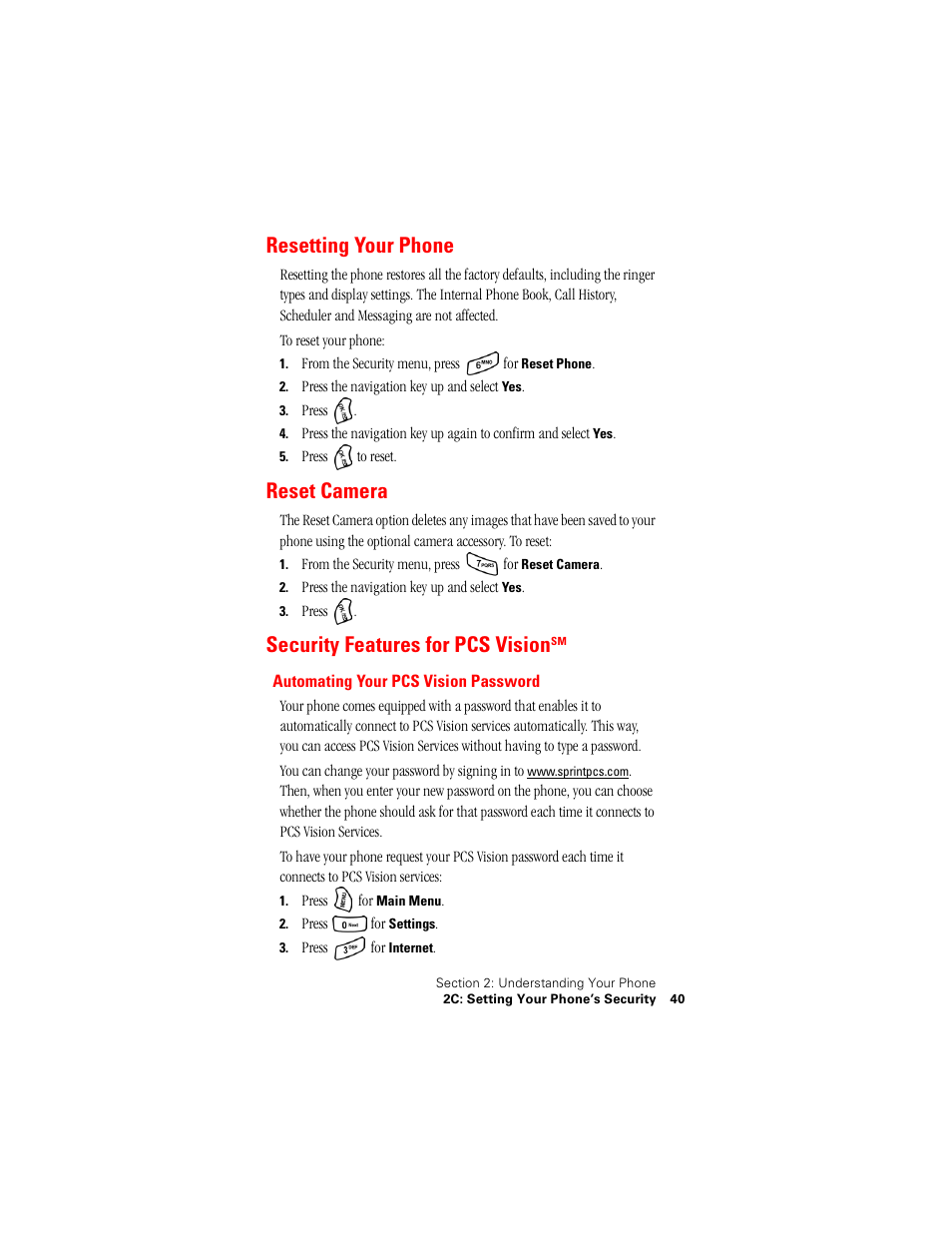 Resetting your phone, Reset camera, Security features for pcs visionsm | Automating your pcs vision password, Security features for pcs vision | Samsung SPH-A500 User Manual | Page 41 / 136