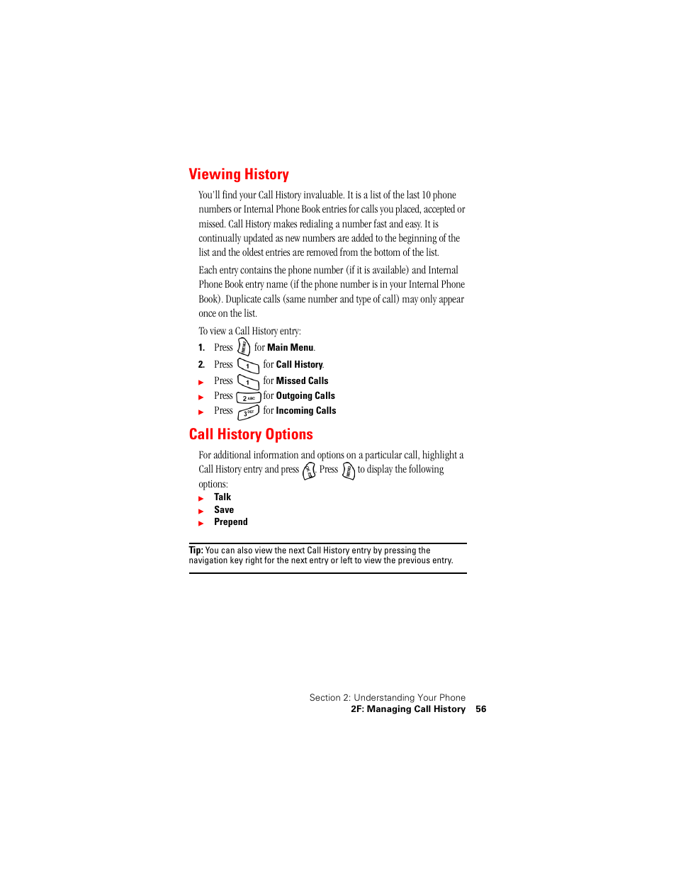 Viewing history, Call history options | Samsung SPH-A500 User Manual | Page 57 / 136