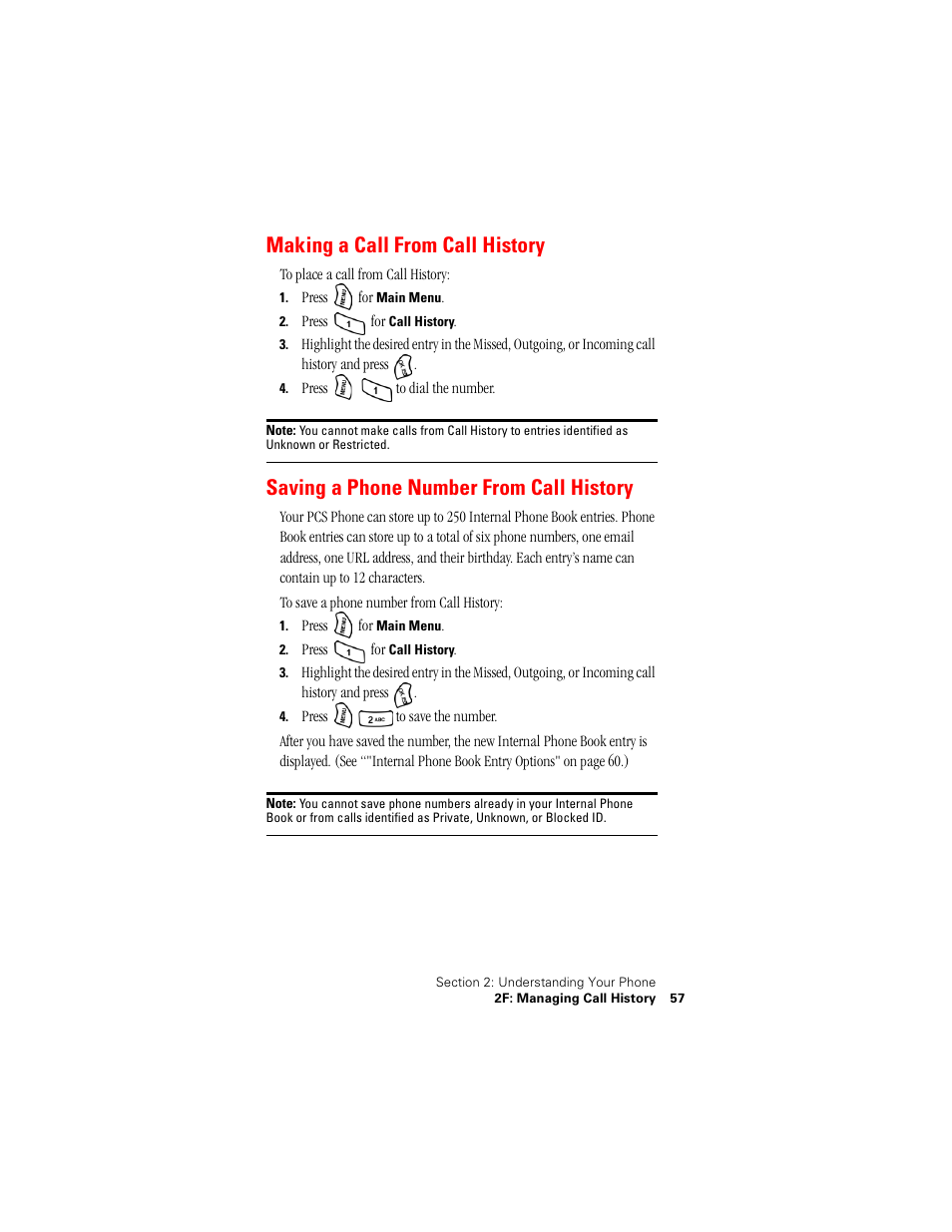 Making a call from call history, Saving a phone number from call history | Samsung SPH-A500 User Manual | Page 58 / 136