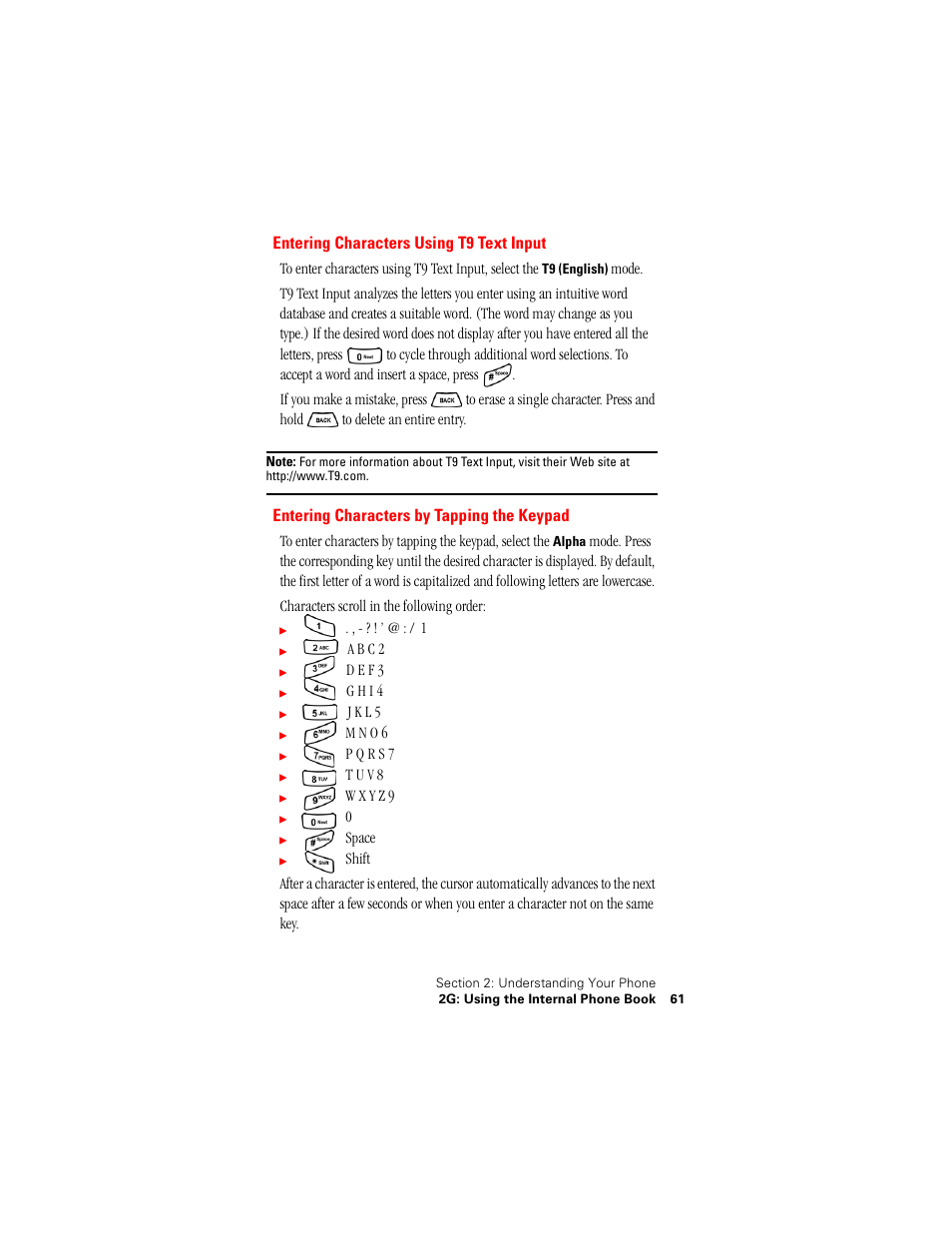 Entering characters using t9 text input, Entering characters by tapping the keypad | Samsung SPH-A500 User Manual | Page 62 / 136