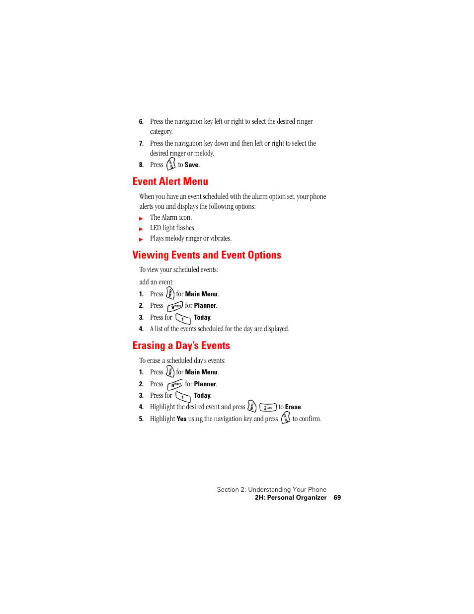 Event alert menu, Viewing events and event options, Erasing a day’s events | Samsung SPH-A500 User Manual | Page 70 / 136