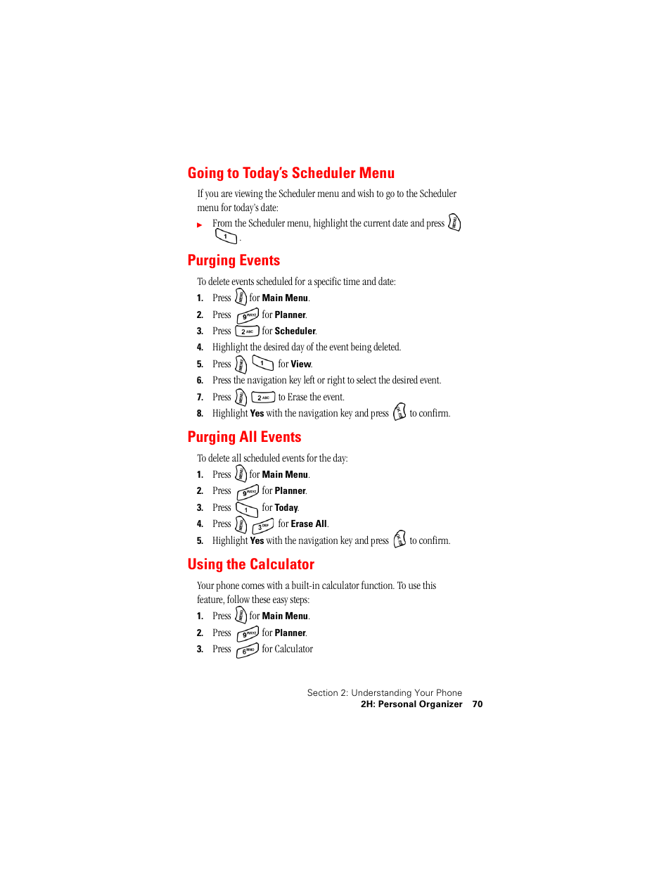 Going to today’s scheduler menu, Purging events, Purging all events | Using the calculator | Samsung SPH-A500 User Manual | Page 71 / 136