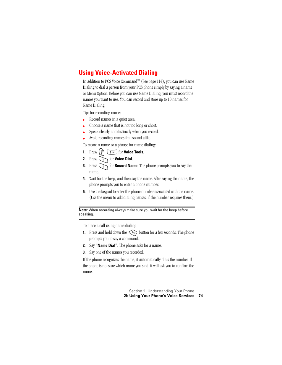 Using voice-activated dialing | Samsung SPH-A500 User Manual | Page 75 / 136