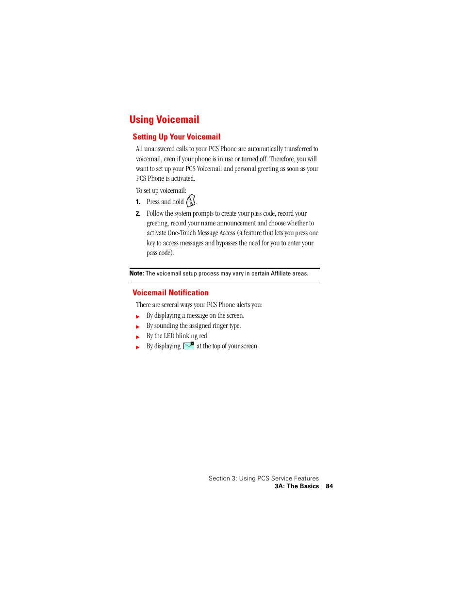 Using voicemail, Setting up your voicemail, Voicemail notification | Samsung SPH-A500 User Manual | Page 85 / 136