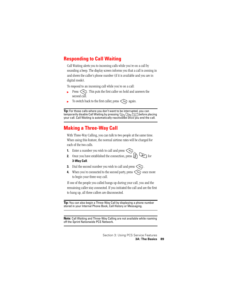 Responding to call waiting, Making a three-way call | Samsung SPH-A500 User Manual | Page 90 / 136