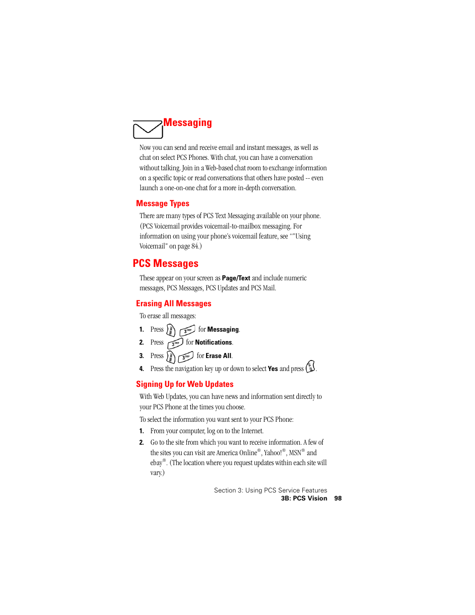 Messaging, Message types, Pcs messages | Erasing all messages, Signing up for web updates | Samsung SPH-A500 User Manual | Page 99 / 136