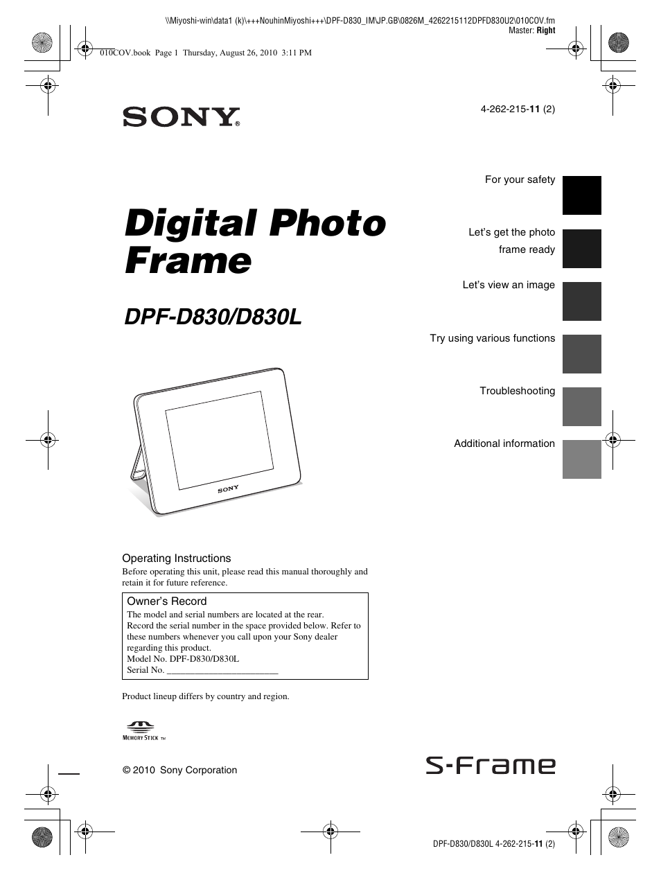 Sony S-FRAME DPF-D830 User Manual | 40 pages