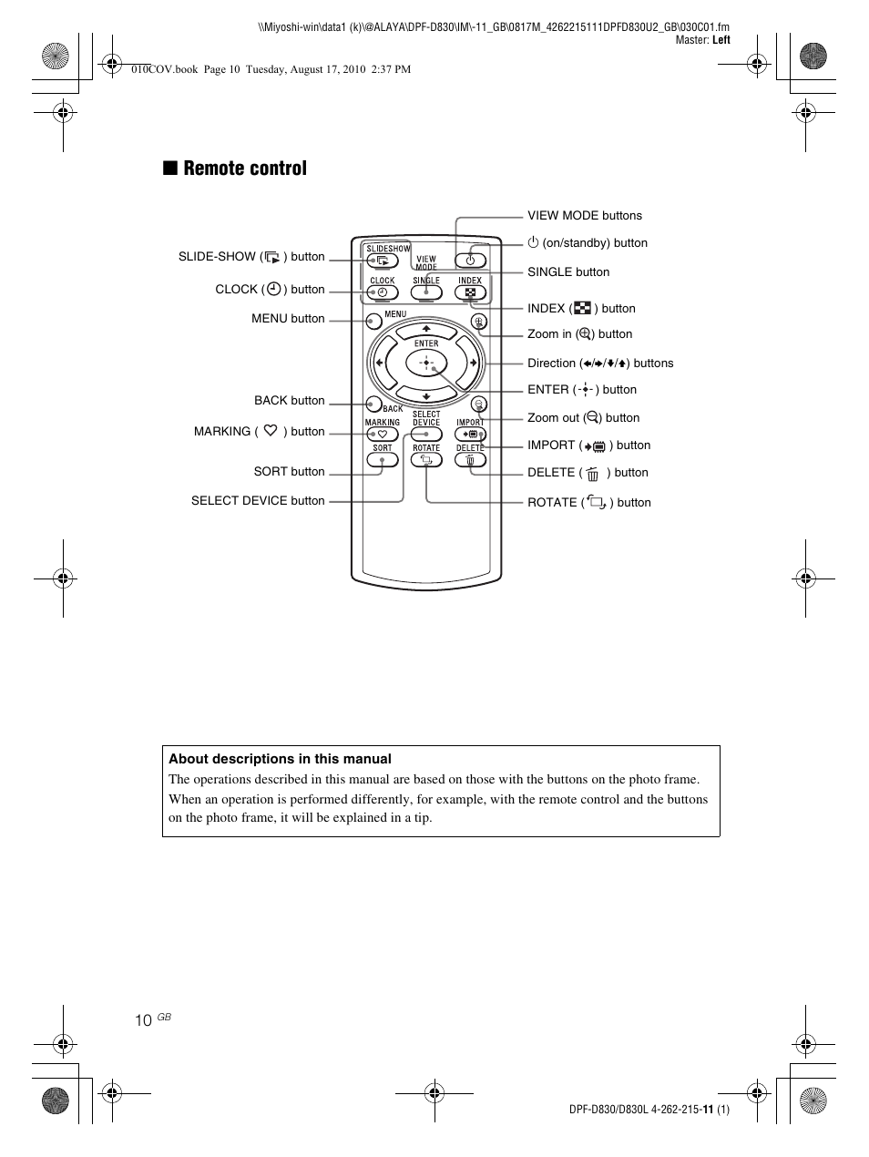 Xremote control | Sony S-FRAME DPF-D830 User Manual | Page 10 / 40