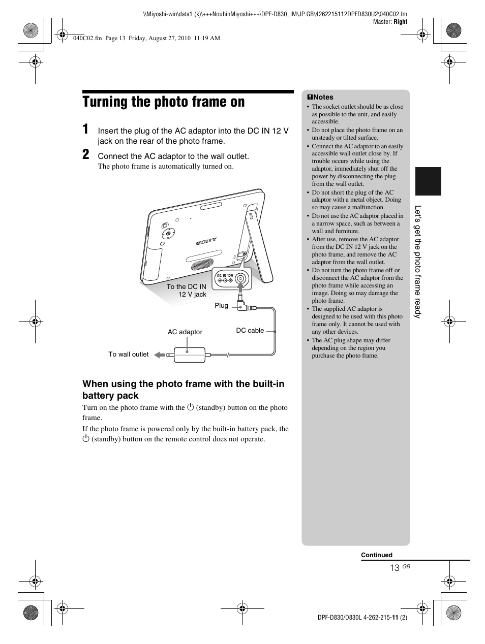 Turning the photo frame on | Sony S-FRAME DPF-D830 User Manual | Page 13 / 40