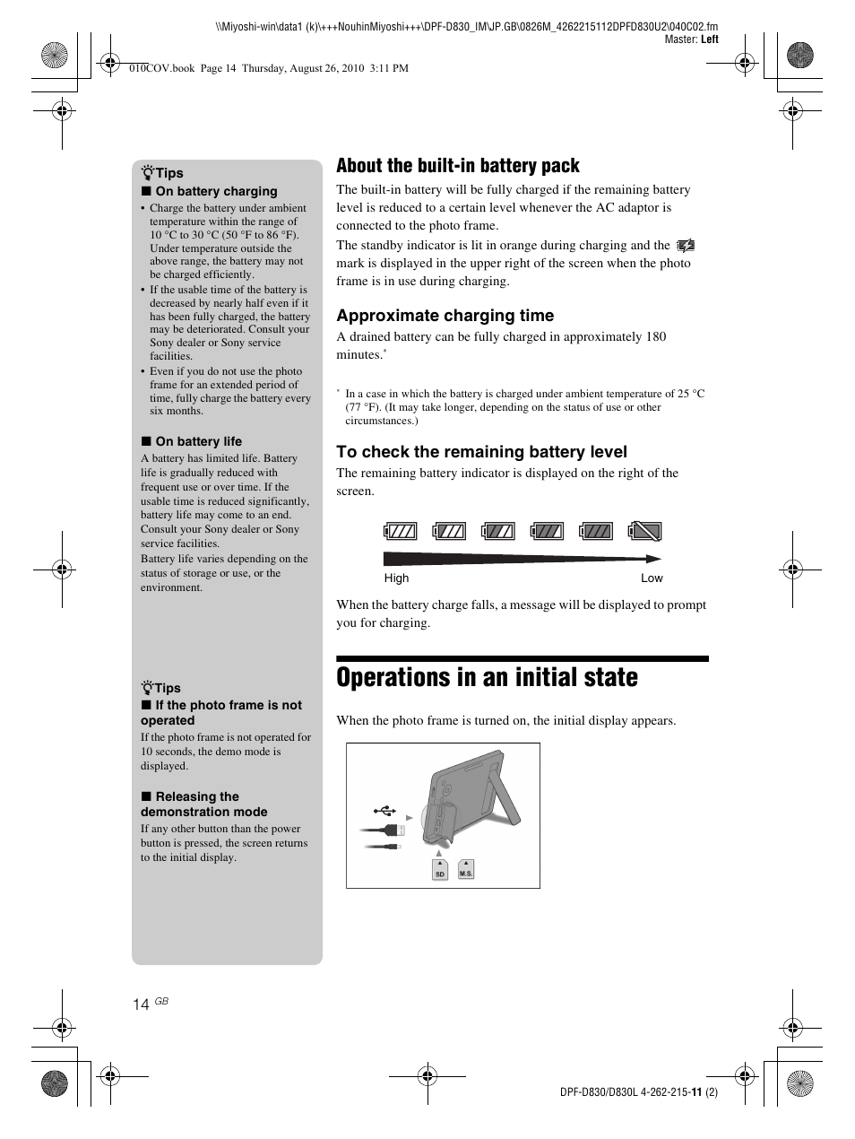 Operations in an initial state, About the built-in battery pack, Approximate charging time | Sony S-FRAME DPF-D830 User Manual | Page 14 / 40