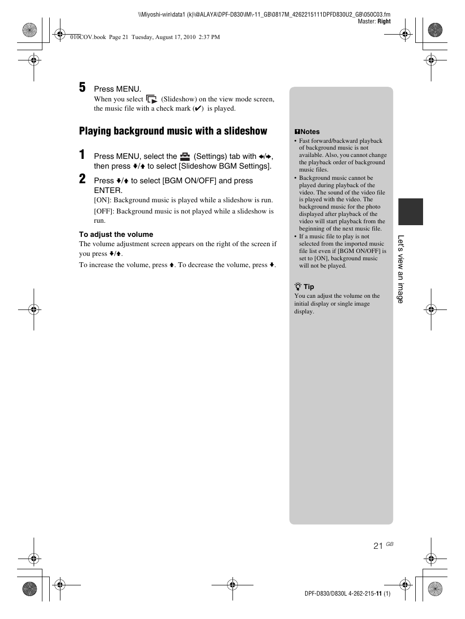 Playing background music with a slideshow | Sony S-FRAME DPF-D830 User Manual | Page 21 / 40