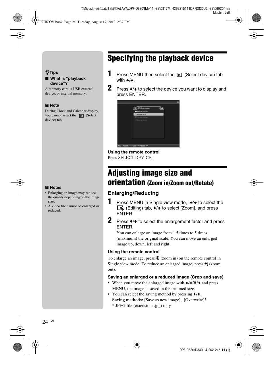 Specifying the playback device, Adjusting image size and orientation, Zoom in/zoom out/rotate) | Sony S-FRAME DPF-D830 User Manual | Page 24 / 40