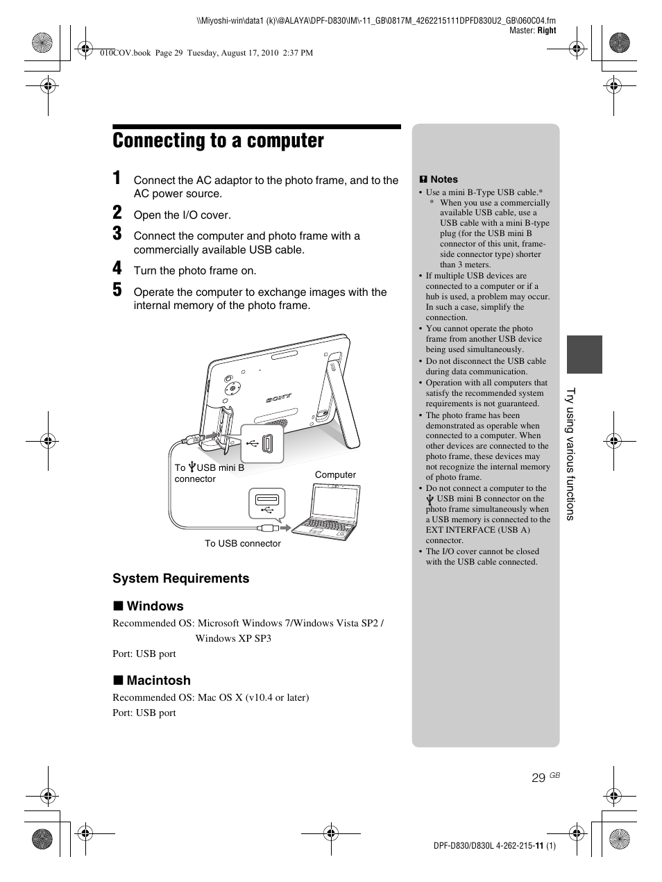 Connecting to a computer | Sony S-FRAME DPF-D830 User Manual | Page 29 / 40