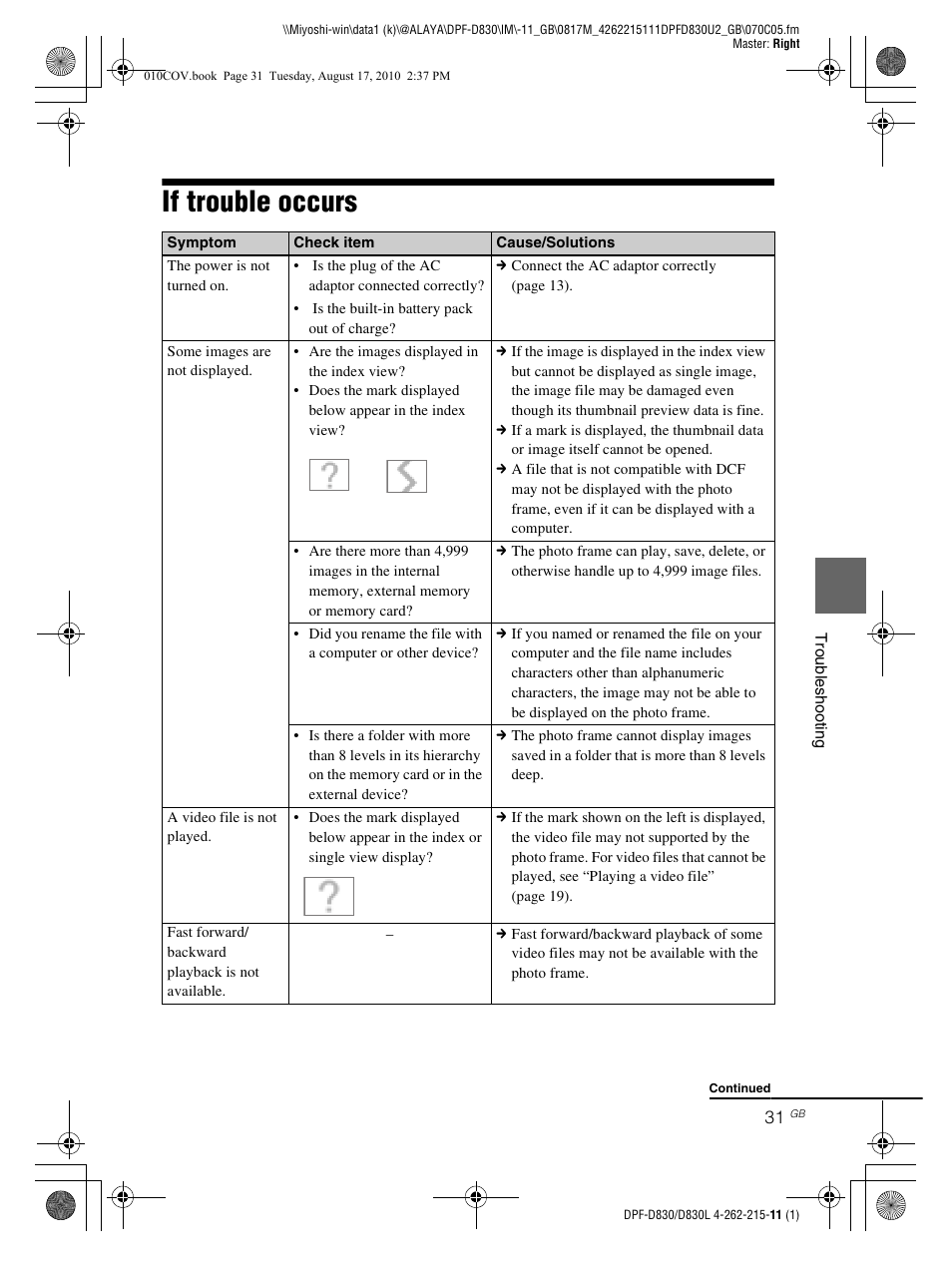 If trouble occurs | Sony S-FRAME DPF-D830 User Manual | Page 31 / 40