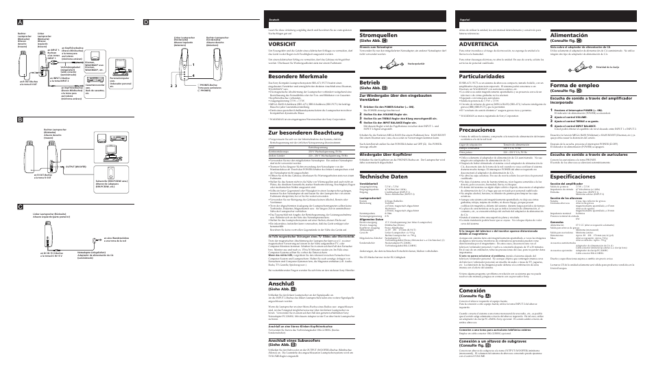 Da b, Vorsicht, Besondere merkmale | Zur besonderen beachtung, Anschluß, Stromquellen, Betrieb, Technische daten, Alimentación, Forma de empleo | Sony SRS-A71 User Manual | Page 2 / 2