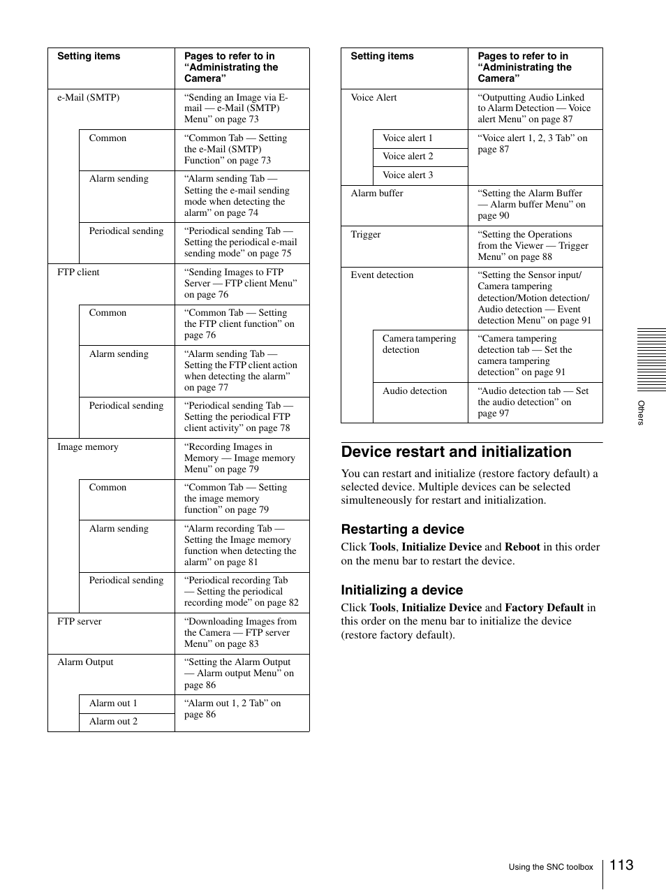 Device restart and initialization, Restarting a device, Initializing a device | Sony CH240 User Manual | Page 113 / 128