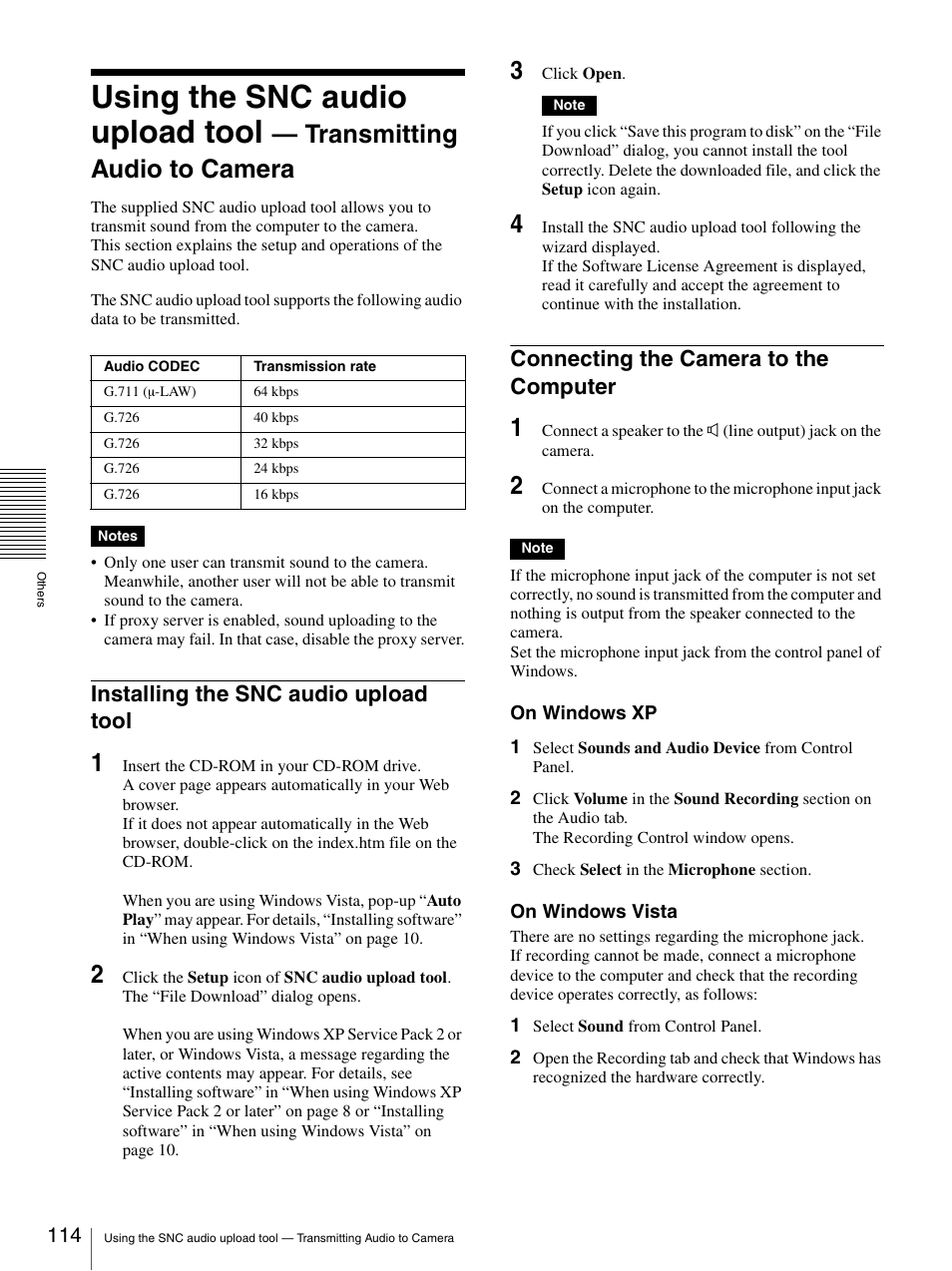 Installing the snc audio upload tool, Connecting the camera to the computer, Using the snc audio upload tool | Transmitting audio to camera | Sony CH240 User Manual | Page 114 / 128