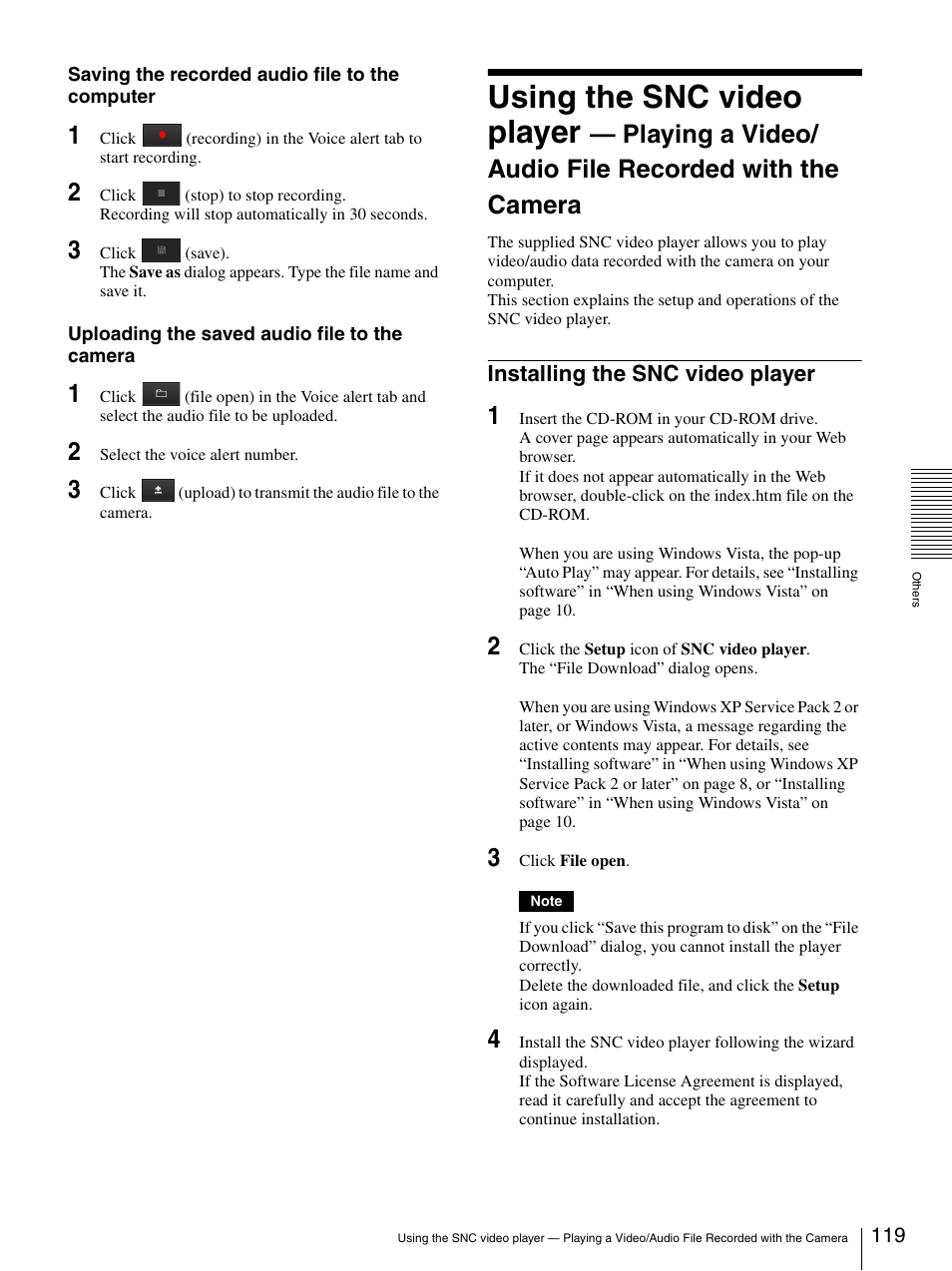 Installing the snc video player, Using the snc video player | Sony CH240 User Manual | Page 119 / 128