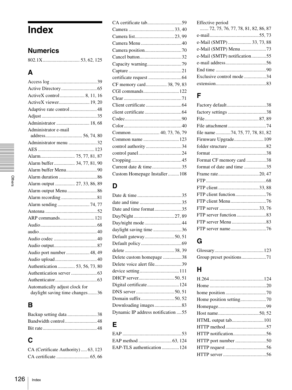 Index, Numerics | Sony CH240 User Manual | Page 126 / 128