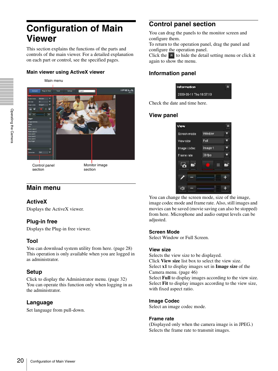 Configuration of main viewer, Main menu, Control panel section | Main menu control panel section | Sony CH240 User Manual | Page 20 / 128