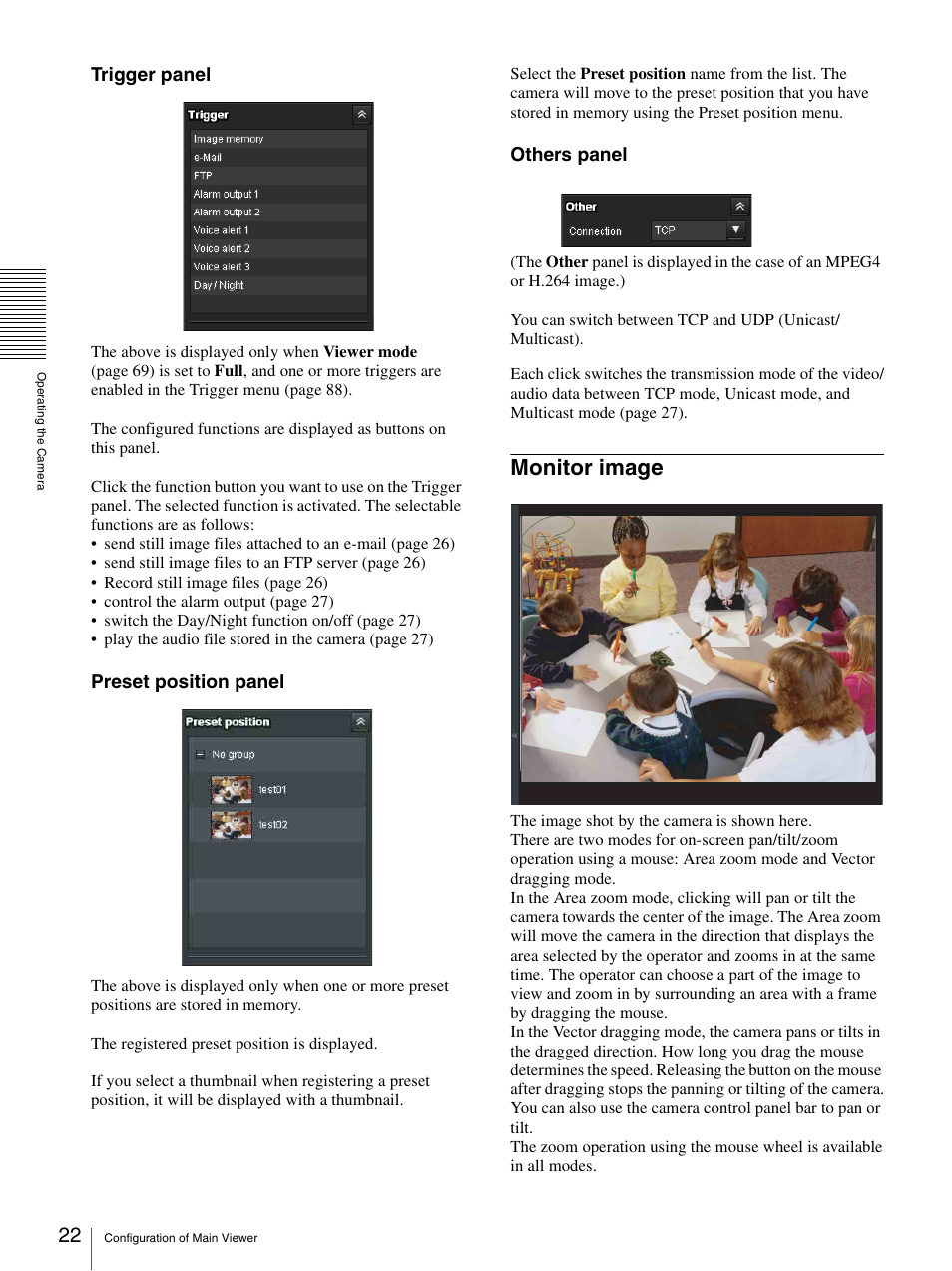Monitor image, Trigger panel, Preset position panel | Others panel | Sony CH240 User Manual | Page 22 / 128