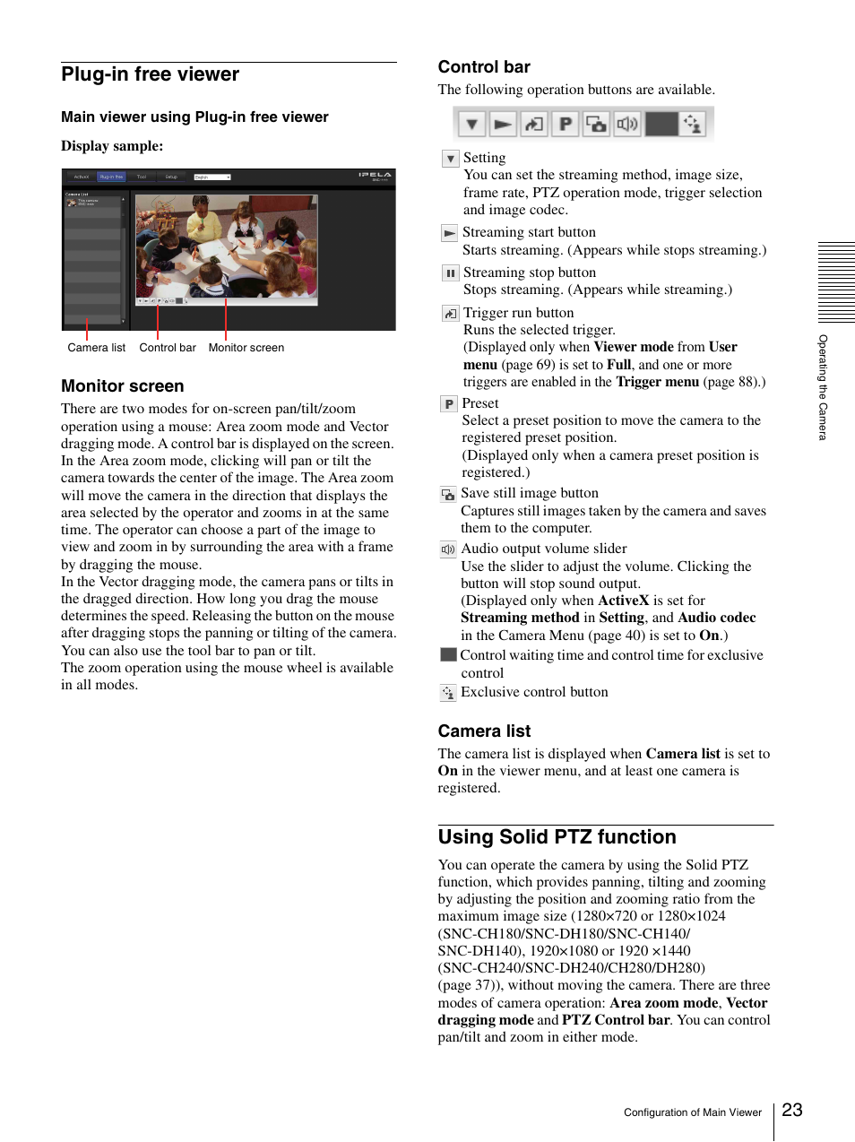 Plug-in free viewer, Using solid ptz function, Plug-in free viewer using solid ptz function | Monitor screen, Control bar, Camera list | Sony CH240 User Manual | Page 23 / 128