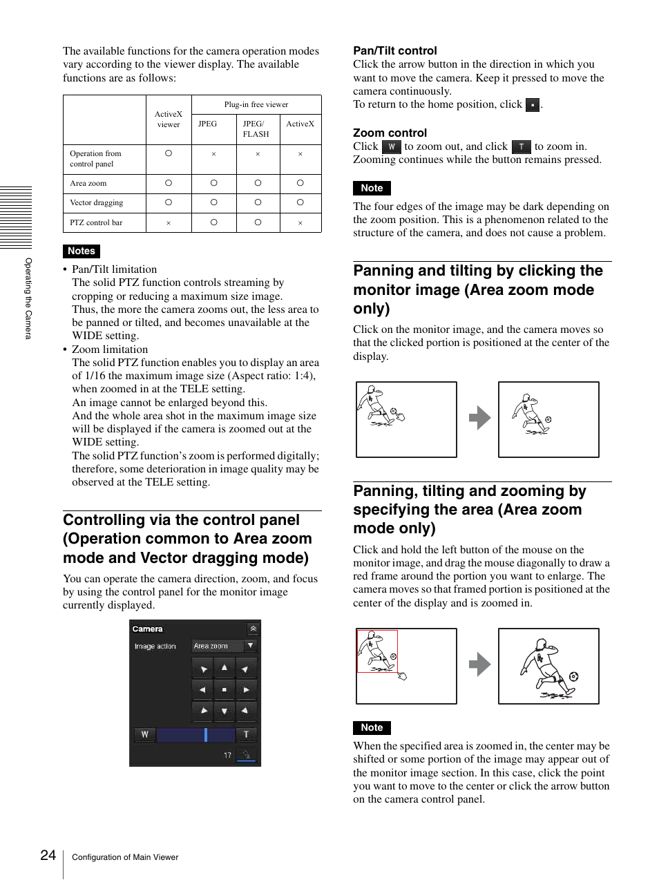 Controlling via the control panel (operation, Common to area zoom mode and vector dragging mode), Panning and tilting by clicking the monitor image | Area zoom mode only), Panning, tilting and zooming by specifying the, Area (area zoom mode only) | Sony CH240 User Manual | Page 24 / 128