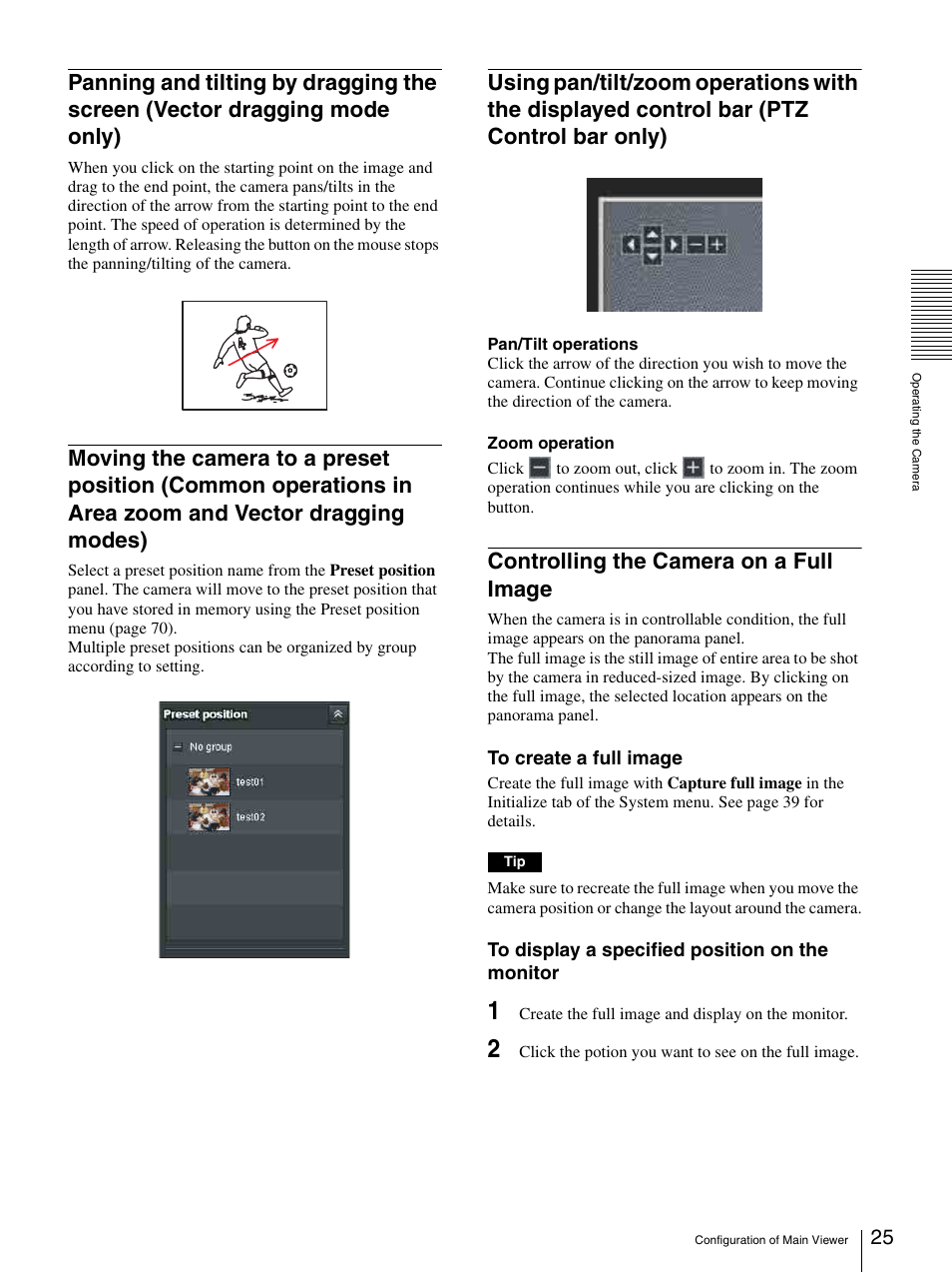 Controlling the camera on a full image, Panning and tilting by dragging the screen, Vector dragging mode only) | Moving the camera to a preset position, Using pan/tilt/zoom operations with the displayed, Control bar (ptz control bar only) | Sony CH240 User Manual | Page 25 / 128