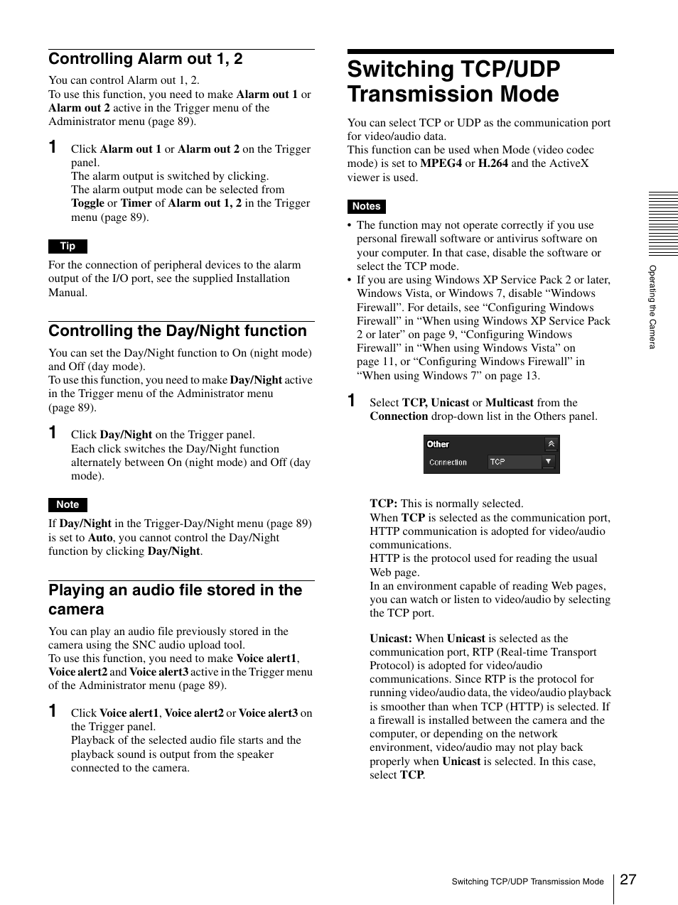 Controlling alarm out 1, 2, Controlling the day/night function, Playing an audio file stored in the camera | Switching tcp/udp transmission mode | Sony CH240 User Manual | Page 27 / 128
