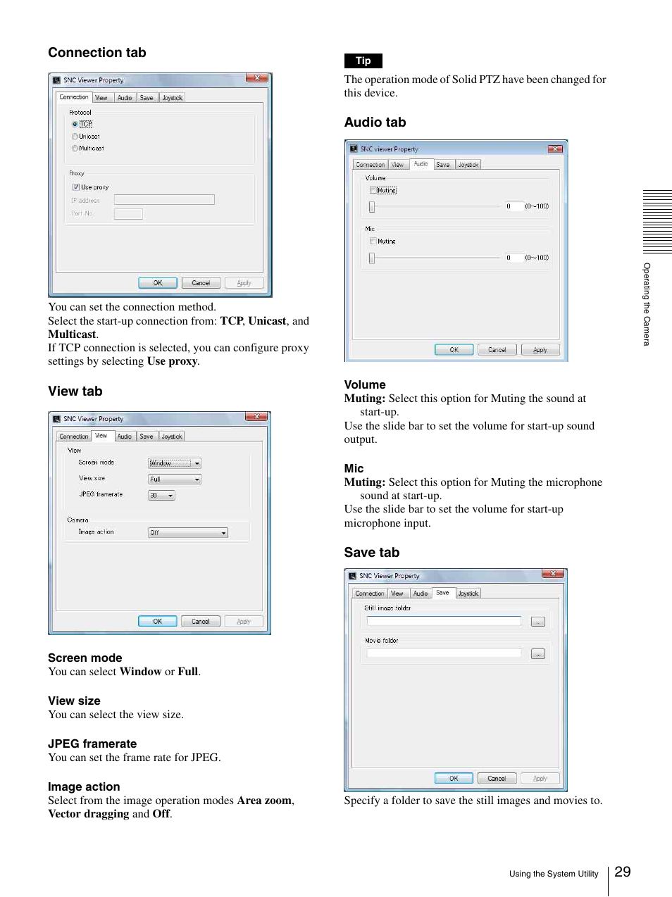 Connection tab, View tab, Audio tab | Save tab | Sony CH240 User Manual | Page 29 / 128