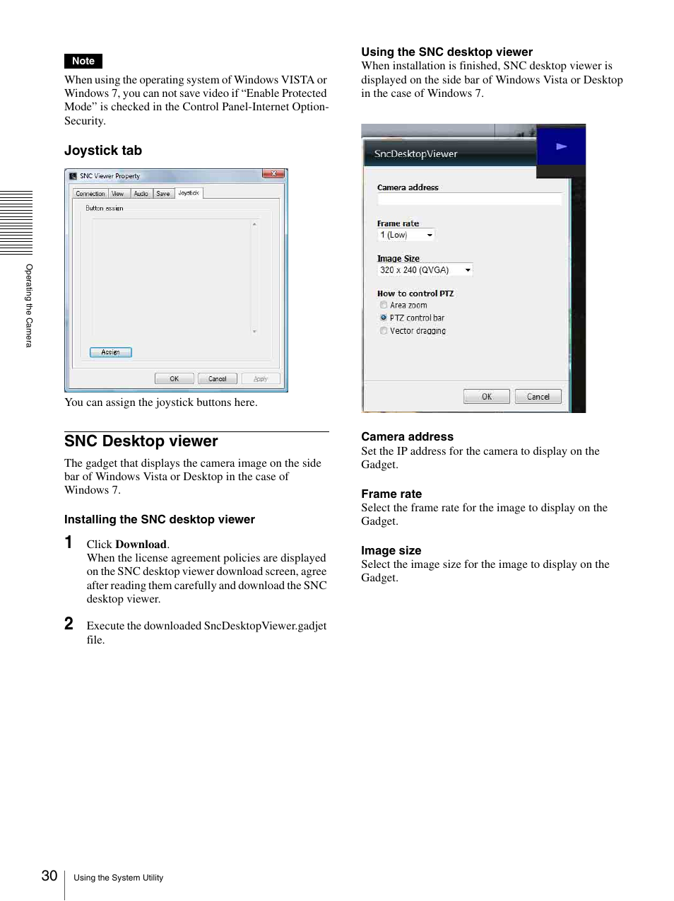 Snc desktop viewer, Joystick tab | Sony CH240 User Manual | Page 30 / 128