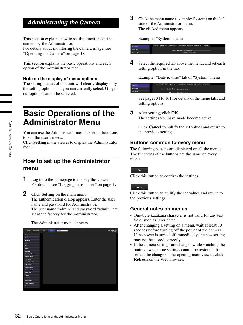 Administrating the camera, Basic operations of the administrator menu, How to set up the administrator menu | Sony CH240 User Manual | Page 32 / 128