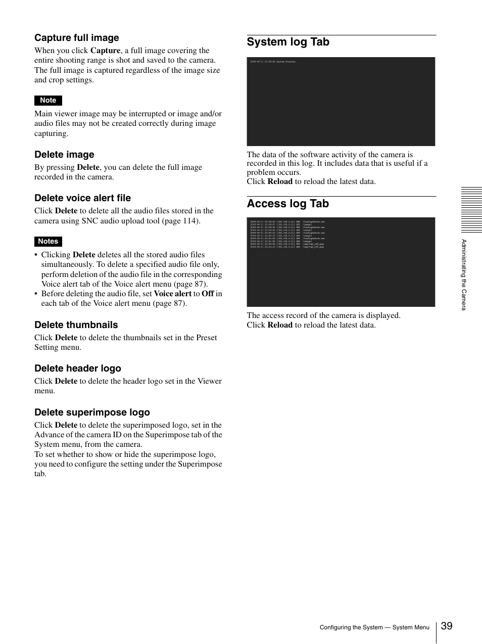 System log tab, Access log tab, System log tab access log tab | Capture full image, Delete image, Delete voice alert file, Delete thumbnails, Delete header logo, Delete superimpose logo | Sony CH240 User Manual | Page 39 / 128