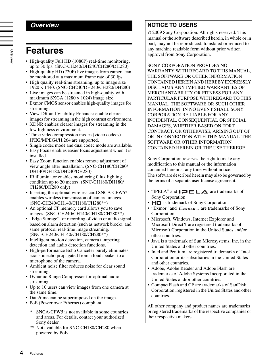 Overview, Features | Sony CH240 User Manual | Page 4 / 128