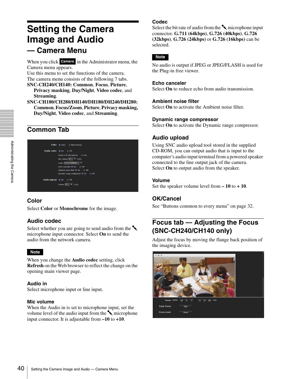 Setting the camera image and audio - camera menu, Common tab, Setting the camera image and audio — camera menu | Common tab focus tab — adjusting the focus, Snc-ch240/ch140 only), Setting the camera image and audio, Camera menu | Sony CH240 User Manual | Page 40 / 128