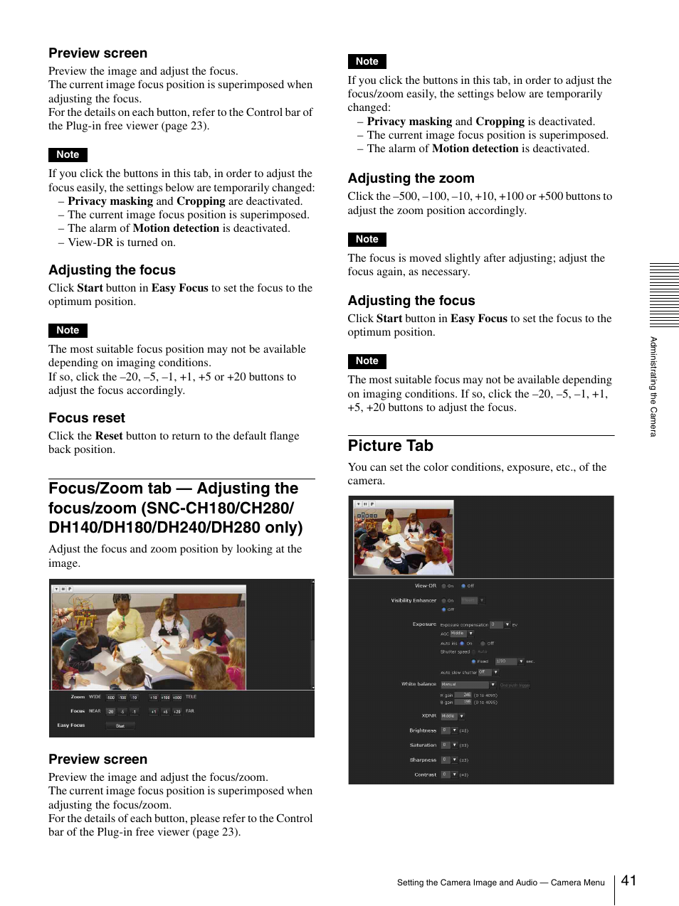 Picture tab, Focus/zoom tab — adjusting the focus/zoom, Snc-ch180/ch280/dh140/dh180/dh240/ dh280 only) | Preview screen, Adjusting the focus, Focus reset, Adjusting the zoom | Sony CH240 User Manual | Page 41 / 128